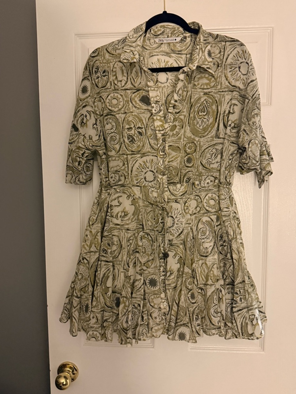 Zara Printed Flounce Lined Shirtdress in green with a bohemian folk art design